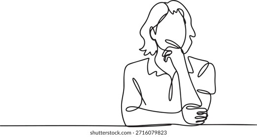 Retrato de dibujo de línea continua única Persona reflexiva que reflexiona sobre la resolución de problemas Proceso de toma de decisiones Diseño gráfico mínimo Empresaria que piensa Concentración de postura sentimiento pensativo Boceto simple Vector aislado Gráfico