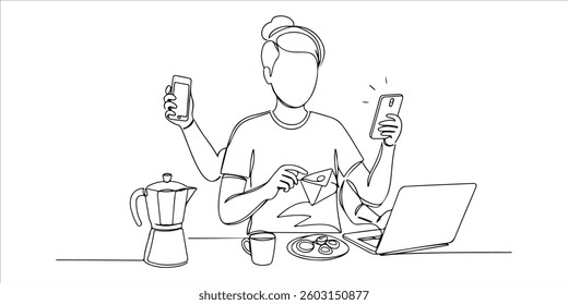 A single continuous line drawing portrays a businessman with six hands, each engaged in different tasks. This creative illustration highlights the concept of multitasking in the morning to maximize