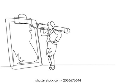 Single continuous line drawing positive businesswoman and giant pencil her shoulder nearby marked checklist clipboard paper  Successful completion business tasks  One line draw design vector