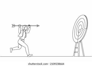 Single continuous line drawing positive ambitious businesswoman point big arrow on target. Goal achievement concept. Business purpose, goal, strategy success. One line draw design vector illustration