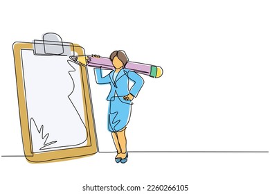 Single continuous line drawing positive businesswoman with giant pencil on her shoulder nearby marked checklist on clipboard paper. Successful completion of business tasks. One line draw design vector