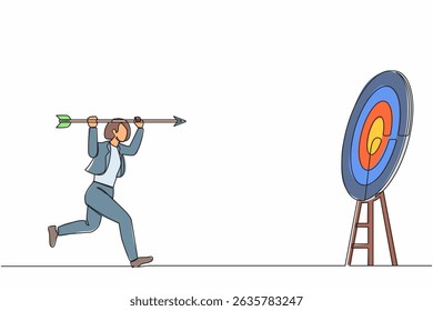 Single continuous line drawing positive ambitious businesswoman point big arrow on target. Goal achievement concept. Business purpose, goal, strategy success. One line draw design vector illustration
