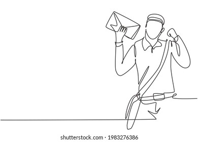 Single continuous line drawing postman with celebrate gesture, wearing hat, sling bag, and uniform holds envelope to delivered to home address. Dynamic one line draw graphic design vector illustration