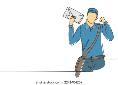Single continuous line drawing postman with celebrate gesture, wearing hat, sling bag, and uniform holds envelope to delivered to home address. Dynamic one line draw graphic design vector illustration