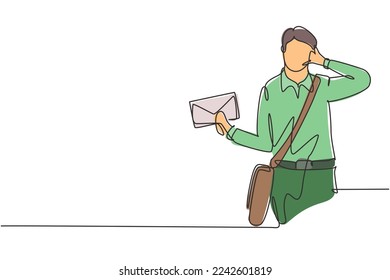 Single continuous line drawing postman wearing hat, sling bag, and uniform with call me gesture holds envelope to delivered to home address. Dynamic one line draw graphic design vector illustration