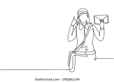 Single continuous line drawing postwoman wearing hat, sling bag, and uniform with call me gesture holds envelope to delivered to home address. Dynamic one line draw graphic design vector illustration
