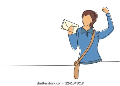 Single continuous line drawing postwoman with celebrate gesture, wearing uniform and sling bag holds envelope to delivered to home address. Dynamic one line draw graphic design vector illustration