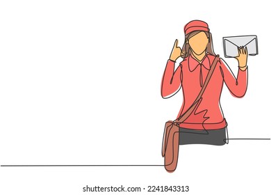 Single continuous line drawing postwoman wearing hat, sling bag, and uniform with call me gesture holds envelope to delivered to home address. Dynamic one line draw graphic design vector illustration