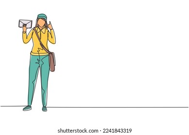 Single continuous line drawing postwoman standing with call me gesture, sling bag, uniform, holding envelope delivering mail to home address. Dynamic one line draw graphic design vector illustration