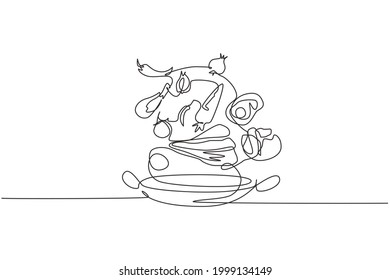 Single continuous line drawing pot is sprinkled with food ingredients such as vegetables, meat, onions, carrots, salt, pepper, and other spices. One line draw graphic design vector illustration