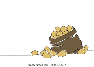 Single continuous line drawing potatoes in small burlap sacks and some potatoes scattered around. The month of abundant harvest. International Day of the Potato. One line design vector illustration