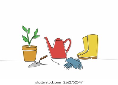 Single continuous line drawing pots containing plants, watering cans, shovels, boots and rubber gloves. Tools needed for a gardener. Green. National Gardening Day. One line design vector illustration