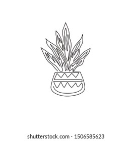 Single continuous line drawing of potted snake plant for home decor logo identity. Fresh evergreen perennial plant concept for  plant icon. Modern one line graphic draw design vector illustration