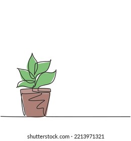 Single continuous line drawing potted plants with five growing leaves are used for ornamental plants. Plant to decorate sink so that it looks green. One line draw graphic design vector illustration.