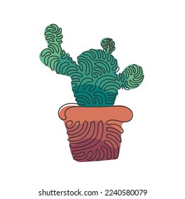 Single continuous line drawing potted tropical prickly cactus plant. Printable decorative houseplant concept for home wall decor ornament. Swirl curl style. One line draw design vector illustration