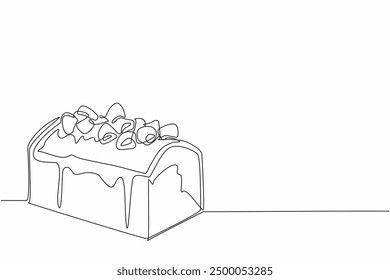 Single continuous line drawing pound cake with vanilla cream and raspberries. Freshly cooked food. Served to increase appetite. Delicious. National Pound Cake Day. One line design vector illustration