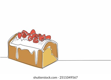 Single continuous line drawing pound cake with vanilla cream and raspberries. Freshly cooked food. Served to increase appetite. Delicious. National Pound Cake Day. One line design vector illustration