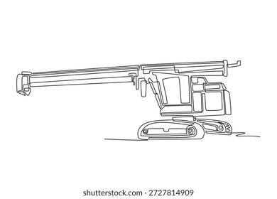 Una sola línea continua que dibuja la grúa de orugas potente, destacando la base de la pista y la estructura de la cabina para la construcción o la maquinaria agrícola. Ilustración vectorial de Diseño gráfico de dibujo dinámico de una línea