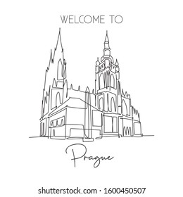 Single continuous line drawing Prague Castle landmark. Ancient castle in the world at Czech Republic. World travel home wall decor poster print concept. Simple one line draw design vector illustration