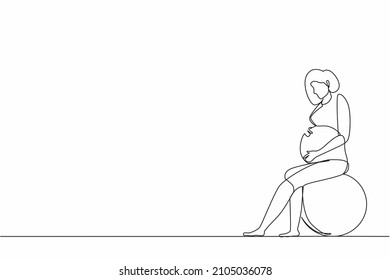 Single continuous line drawing pregnant woman sits on fitball. Sport training for women. Healthy lifestyle. Pregnant fitness girl. Fitness for pregnant women. Dynamic one line design graphic vector