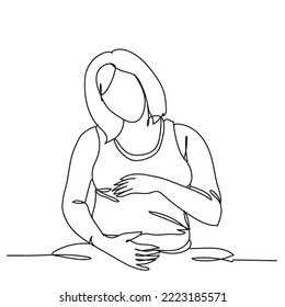 Single continuous line drawing of pregnant woman, Hand drawn single line of mother. Happy young mom is holding her pregnant belly. Happy Woman's Day. Character women with pregnancy