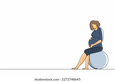 Single continuous line drawing pregnant woman sits on fitball. Sport training for women. Healthy lifestyle. Pregnant fitness girl. Fitness for pregnant women. Dynamic one line design graphic vector