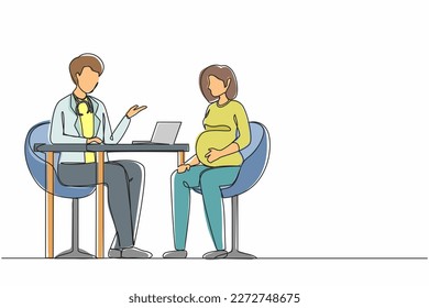 Single continuous line drawing pregnant woman on consultation with doctor. Pregnancy and maternity. Happy female character expecting for baby. Dynamic one line draw graphic design vector illustration