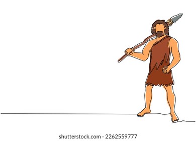 Una línea continua dibujando al hombre prehistórico sosteniendo la lanza de piedra sobre los hombros. Cacería de personas primitivas. Cazador de la edad de piedra. Hombre cazando un animal antiguo con lanza de piedra. vector de diseño de trazos de una línea