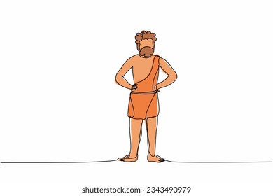 Single continuous line drawing prehistoric man standing with hands on waist pose. Prehistoric bearded man, primitive stone age caveman in animal pelt. One line draw graphic design vector illustration