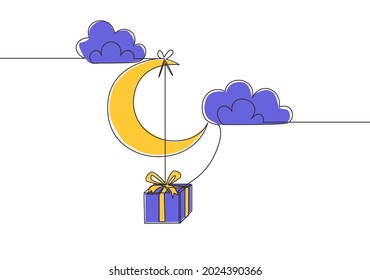 Single continuous line drawing of present gift hanging on the moon at the cloudy sky. Muslim holiday, Eid ul Fitr greeting card concept one line draw design illustration