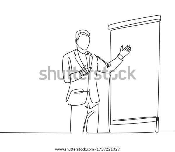 Single continuous line drawing of presenter\
present product technology innovation to his colleagues at office.\
Work strategic planing presentation concept one line draw design\
vector illustration