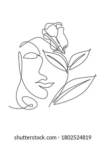 Single continuous line drawing pretty woman face with flowers. Nature beauty botanical print concept for wall decor print. Portrait minimalist. Trendy one line draw design vector graphic illustration - Shutterstock ID 1802524819
