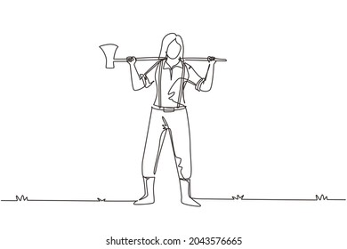 Single continuous line drawing pretty woman lumberjack in plaid shirt, jeans with belt, leather boots holding on her shoulder a ax with long wooden handle. One line draw design vector illustration