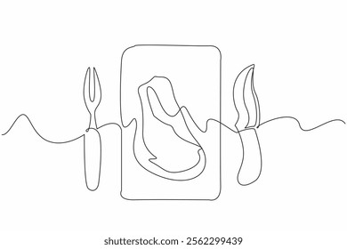 Single continuous line drawing prime rib slices on a square wooden cutting board. The main meal has been served. Hunger quencher. Delicious. National Prime Rib Day. One line design vector illustration