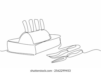 Single continuous line drawing prime rib with bones still on in a square pan. High protein dinner. Arouse hunger faster. True deliciousness. National Prime Rib Day. One line design vector illustration