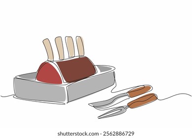 Single continuous line drawing prime rib with bones still on in a square pan. High protein dinner. Arouse hunger faster. True deliciousness. National Prime Rib Day. One line design vector illustration