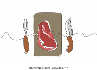 Single continuous line drawing prime rib slices on a square wooden cutting board. The main meal has been served. Hunger quencher. Delicious. National Prime Rib Day. One line design vector illustration