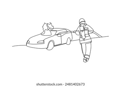 Single continuous line drawing of the process of extinguishing a fire in a burning car. Professional work job occupation. Minimalism concept one line draw graphic design vector illustration