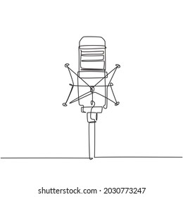 Single continuous line drawing professional studio microphone. Sound recording equipment concept. Condenser mic for studio recording voice. Dynamic one line draw graphic design vector illustration