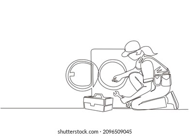 Single continuous line drawing professional repairwoman fixing washing machine at home. Plumbing specialist with toolbox fixing, repairing washer, washing machine. One line draw graphic design vector