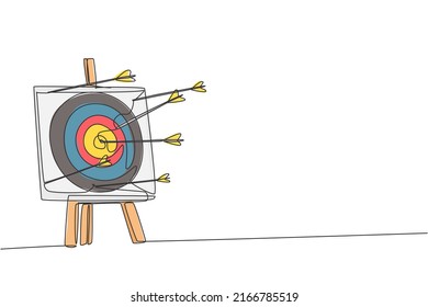 Single continuous line drawing of professional archer shot archery target not too precisely. Archery sport exercise with the bow concept. Trendy one line draw design vector illustration graphic