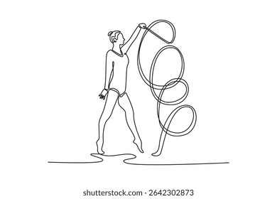 Desenho de linha contínua única atleta profissional jovem exercitando com fita. Ginástica e acrobacia. Esportes, beleza, competição, flexibilidade. Ilustração de vetor de design gráfico com desenho de uma linha