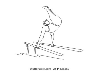 Linha única contínua desenho ginasta masculino profissional balançando em barras paralelas, enquanto fazendo musculação exercício durante o treino de calistenia no ginásio. Ilustração de vetor de design gráfico com desenho de uma linha
