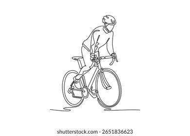 Single continuous line drawing professional female cyclist in cycling cloth and protective gear riding road bike bicycle. Training outdoors on daytime. One line draw graphic design vector illustration