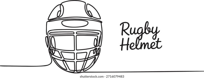 Single continuous line drawing of a professional rugby helmet head protection equipment sportswear safety gear graphic design element competitive sport minimal illustration tournament competition apparel