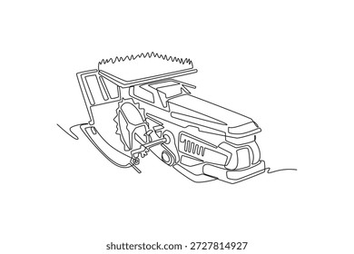 Linha única contínua desenhando caminhão agrícola industrial profissional, com máquina colhedora de serviço pesado para agricultura moderna, produção agrícola. Ilustração de vetor de design gráfico com desenho de uma linha