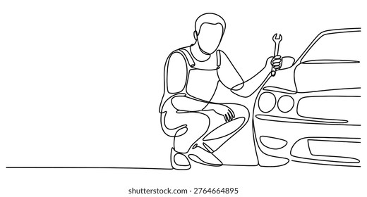 A single continuous line drawing of a professional car mechanic working on a vehicle repair job Vector, illustration