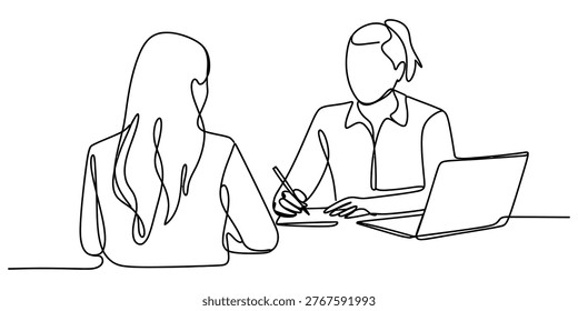 A single continuous line drawing of a professional job interview session between two women Vector, illustration