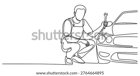 A single continuous line drawing of a professional car mechanic working on a vehicle repair job Vector, illustration