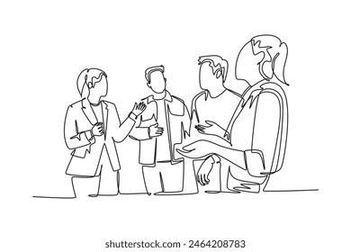 Single continuous line drawing of project manager explain company business process to young male and female apprentices at office. Business internship. One line draw graphic design vector illustration